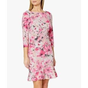 NWT Nine West Tutu Pink Floral Dress 16 Plus Ruffle Hem 3/4 Sleeve Knit Barbie